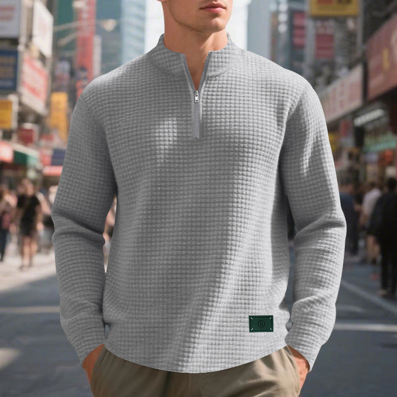 Herren nan lette vaffelstrik pullover med kort krave lynlås og rundet kant Skovae