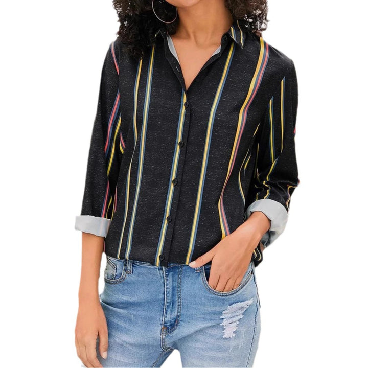 Dame stribet bluse med elegant krave og lang arm Stilla
