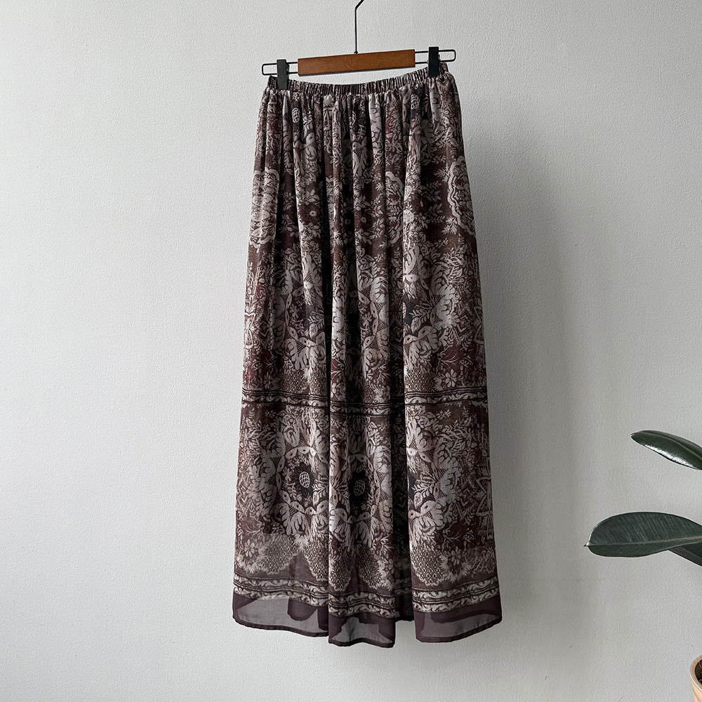 Dame Lang, flydende nederdel med blomstret design og elastisk talje Stilla
