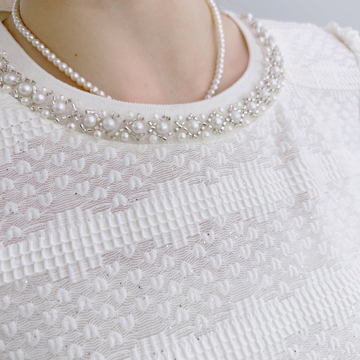Dame Elegant Bluse med perleprydet krave og struktureret mønster Stilla