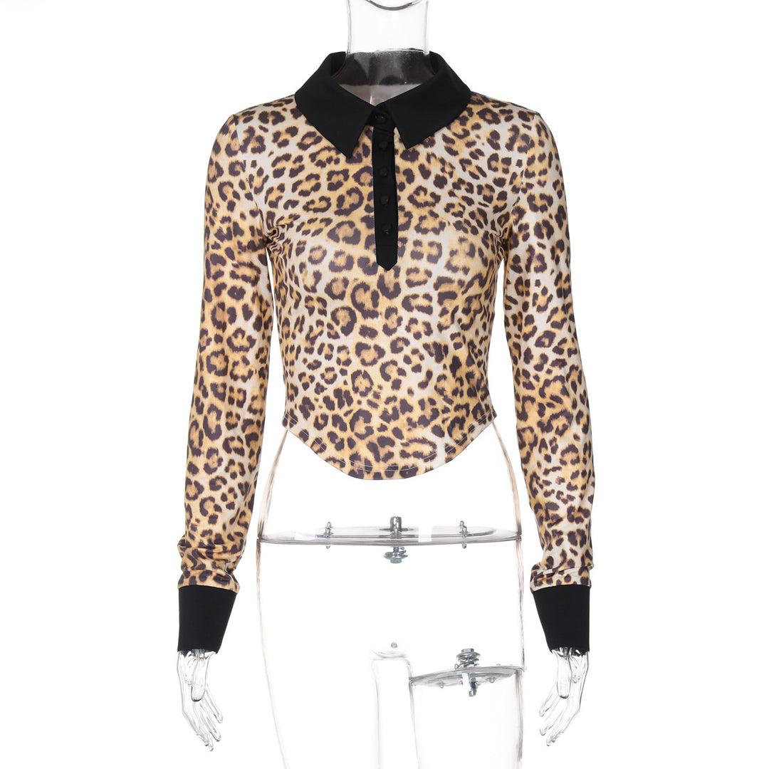 Dame Langærmet Poloshirt med leopardmønster og sorte akkompagnementer Stilla