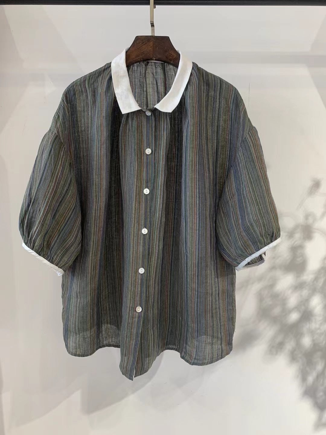 Dame Fritid Korte Ærmer Stribet Button-Up Skjorte Stilla