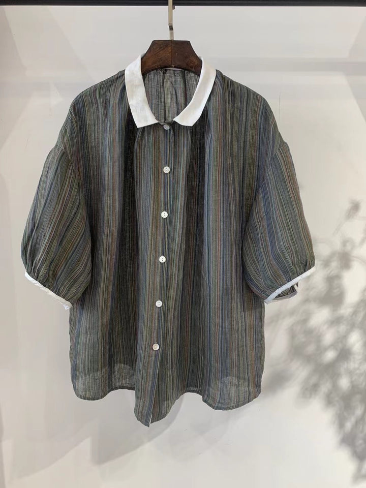 Dame Fritid Korte Ærmer Stribet Button-Up Skjorte Stilla