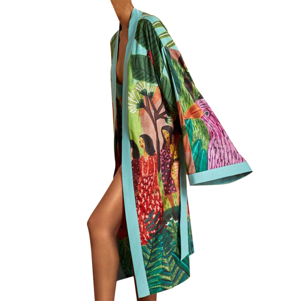 Dame bikini-sæt med blomster strandkimono Stilla