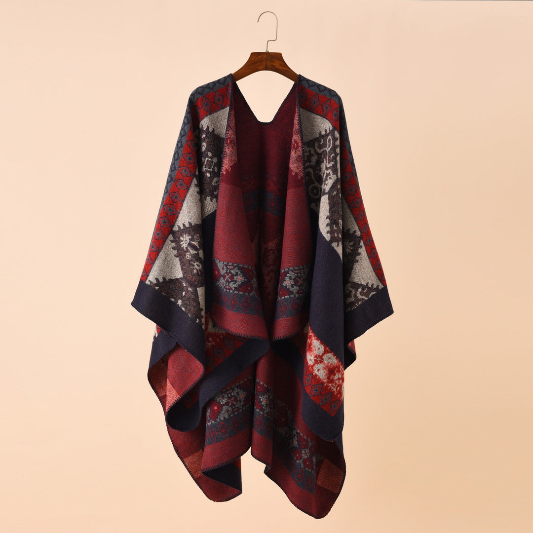 Dame Mode Poncho med Kunstnerisk Mønster og Frynset Kanter Skovae