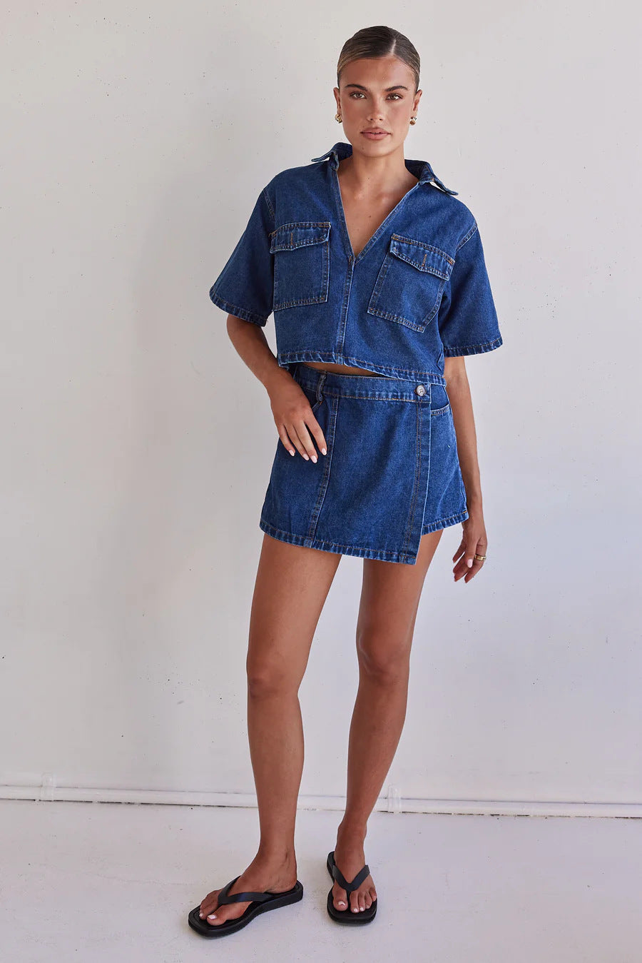 Dame Denim-kortjakke med matchende nederdel i afslappet stil Skovae
