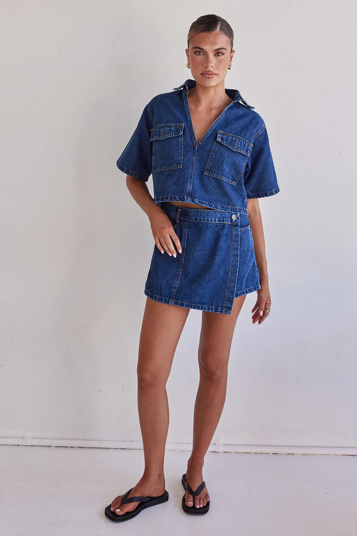 Dame Denim-kortjakke med matchende nederdel i afslappet stil Skovae