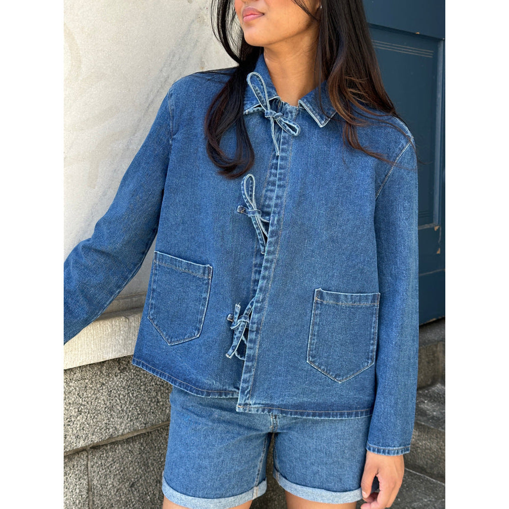 Dame Casual Denim Utility Jakke med Snøre Stilla
