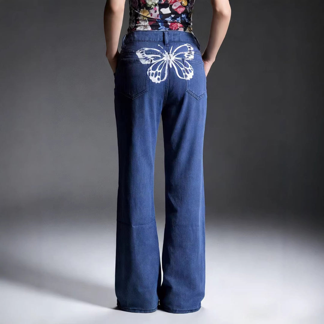 Dame Wide Jeans med kunstnerisk sommerfugledesign Skovae
