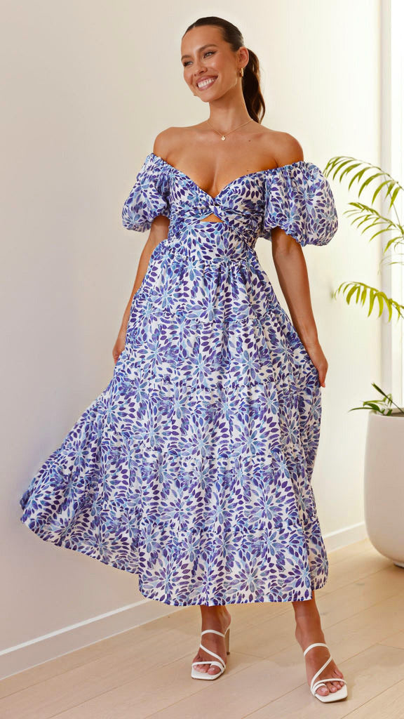 Kvinders maxi kjole med sofistikeret off-the-shoulder design og voluminøse puff ærmer Stilla