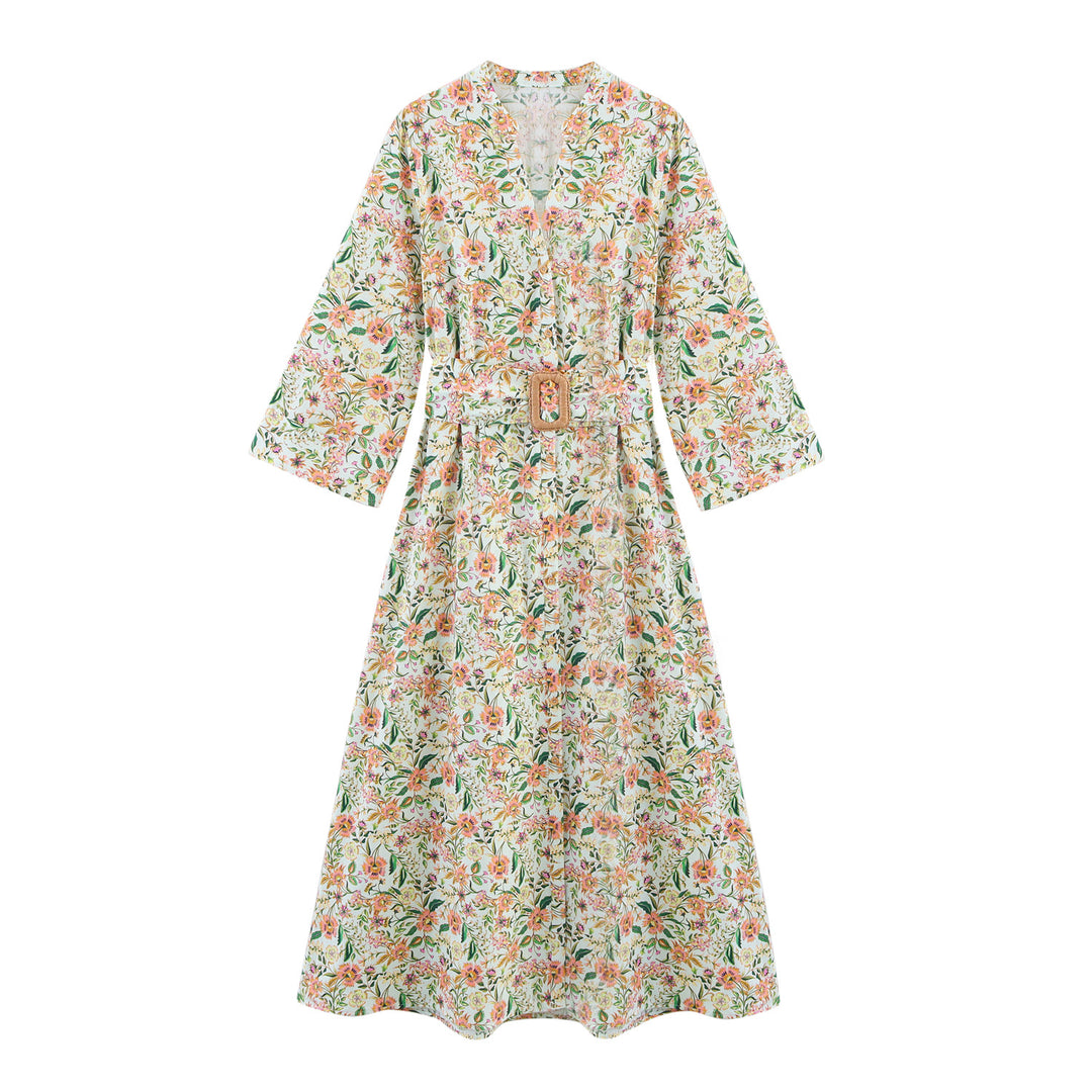 Dame Floral Print Maxi Kjole med Bælte-Detail Stilla