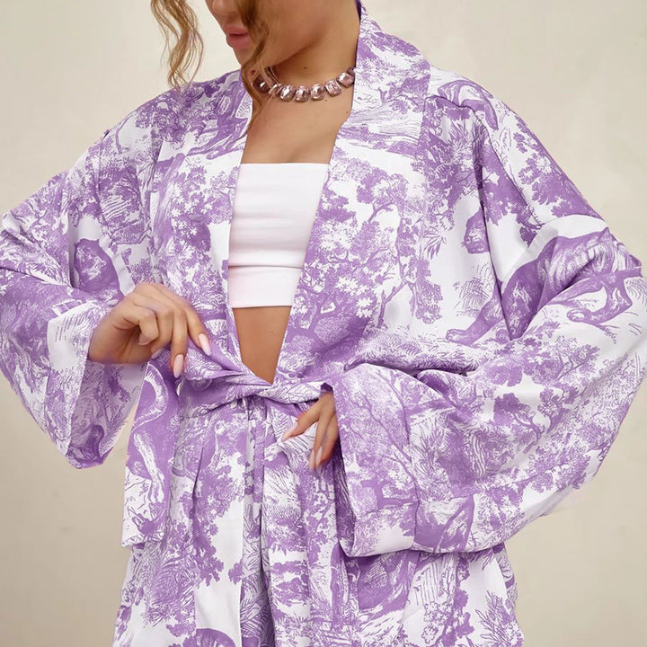 Dame Kimono-inspireret Loungewear-sæt med elastisk talje og raffinerede detaljer Stilla
