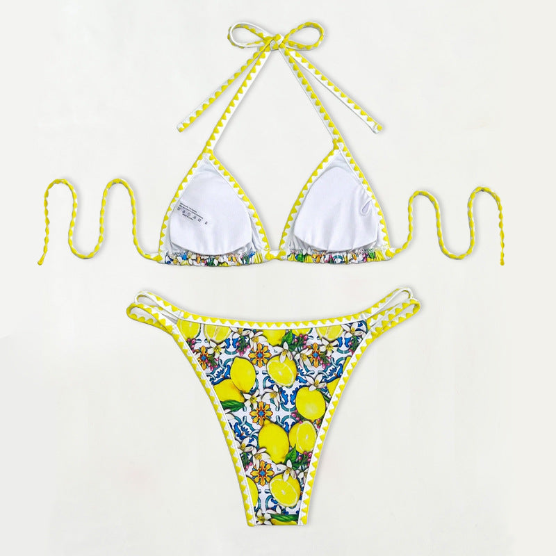 Dame triangel-bikini med glad citrusmønster Skovae