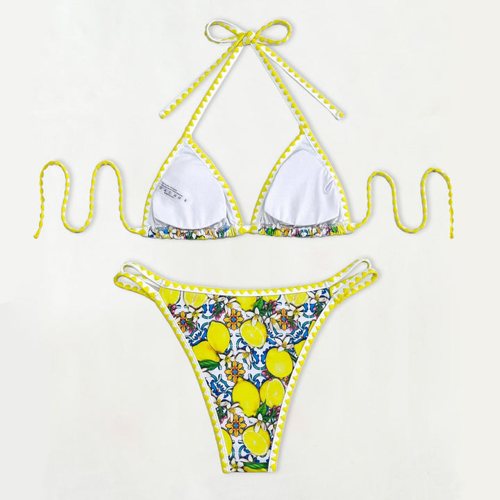 Dame triangel-bikini med glad citrusmønster Skovae