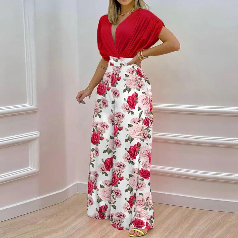 Damer Elegant Jumpsuit med Dyb V-Hals og Bred Skåret Ben Stilla