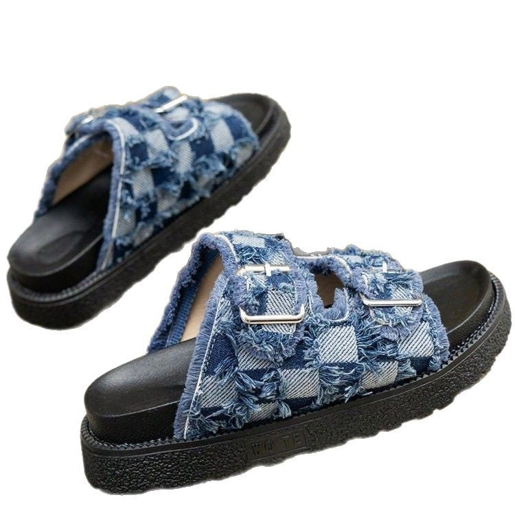 Dame mode sandaler med remme og frynset denim Stilla