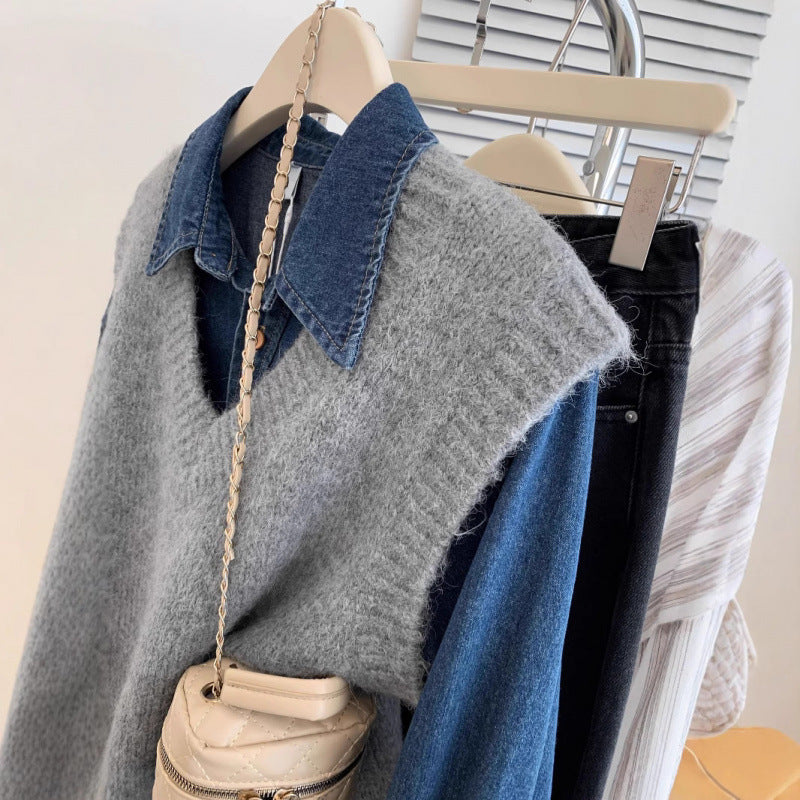 Kvinders stilfulde V-hals strikket sweater med afslappet denim lagdeling