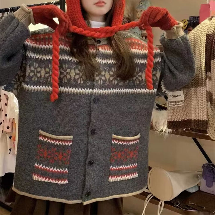 Kvinder Cozy Cardigan med hætte og dekorativt mønster Stilla