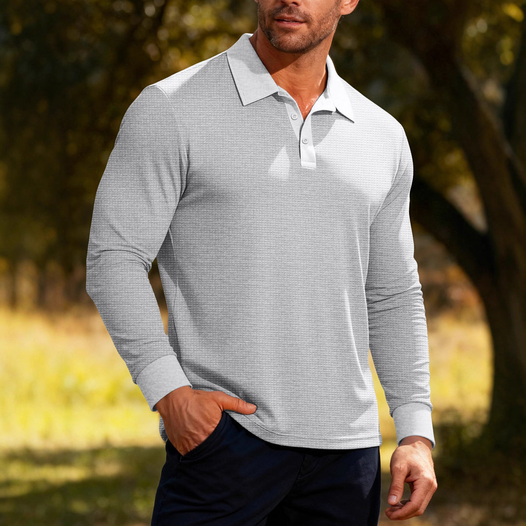 Herrer nan Langarm-Poloshirt i vaffelstrik med slim fit skjult knaplukning og skjortekrave Skovae