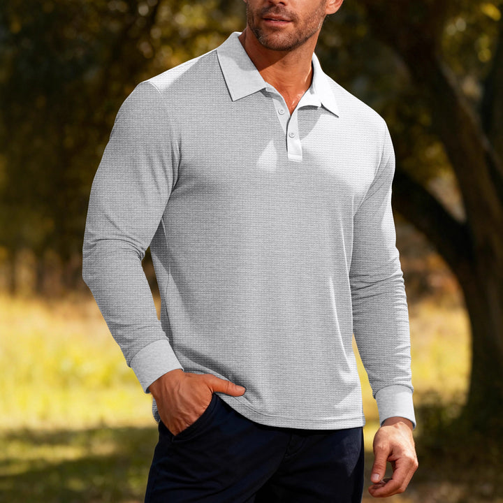 Herrer nan Langarm-Poloshirt i vaffelstrik med slim fit skjult knaplukning og skjortekrave Skovae