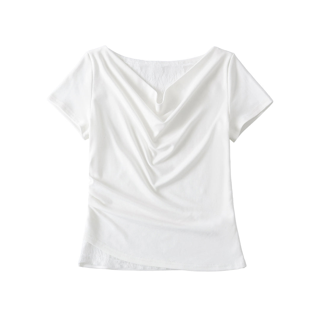 Dame Stretch-top med flydende drapering og elegant spidsindsats Stilla