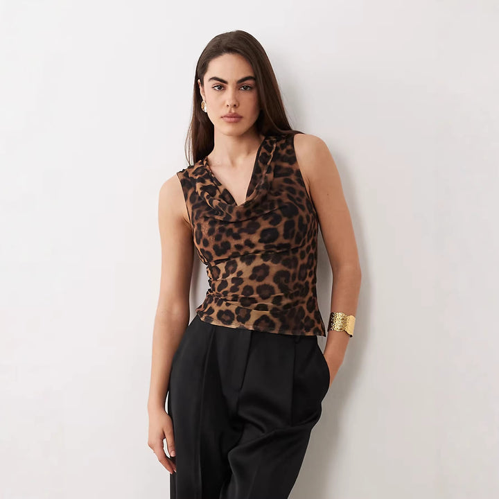 Dame Cowl-Neck Top med leopardmønster Skovae