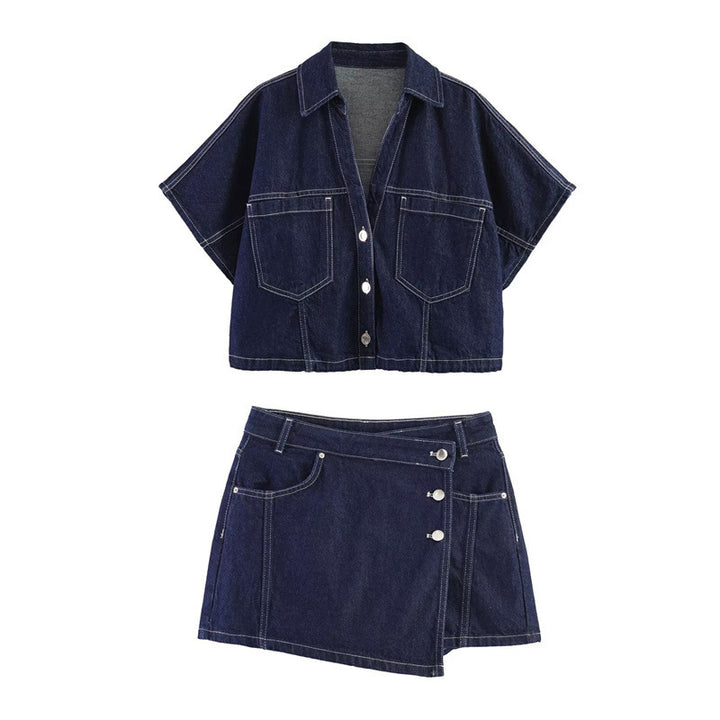 Dame denim mini nederdel i asymmetrisk snit med dekorative knapper Skovae