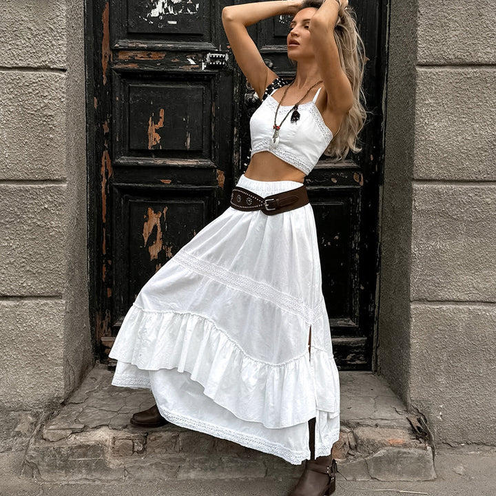 Dame sæt bestående af crop top og maxi nederdel med flæsedetaljer Stilla