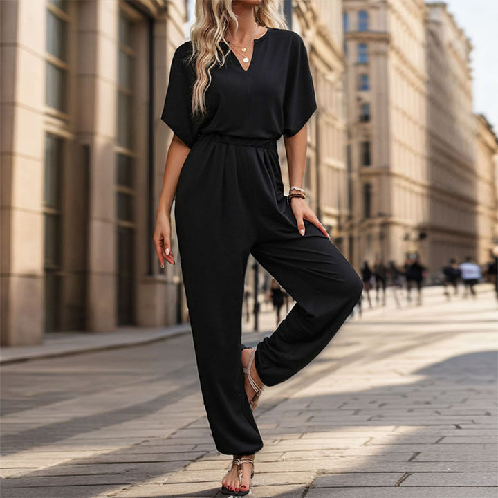 Dame Stilfuld V-Hals Jumpsuit med Elastisk Liv og Vidde Ben Stilla