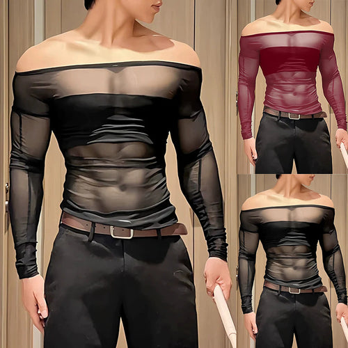 Dame nan transparent mesh langærmet top med tætsiddende brystbånd og bred rund halsudskæring Skovae