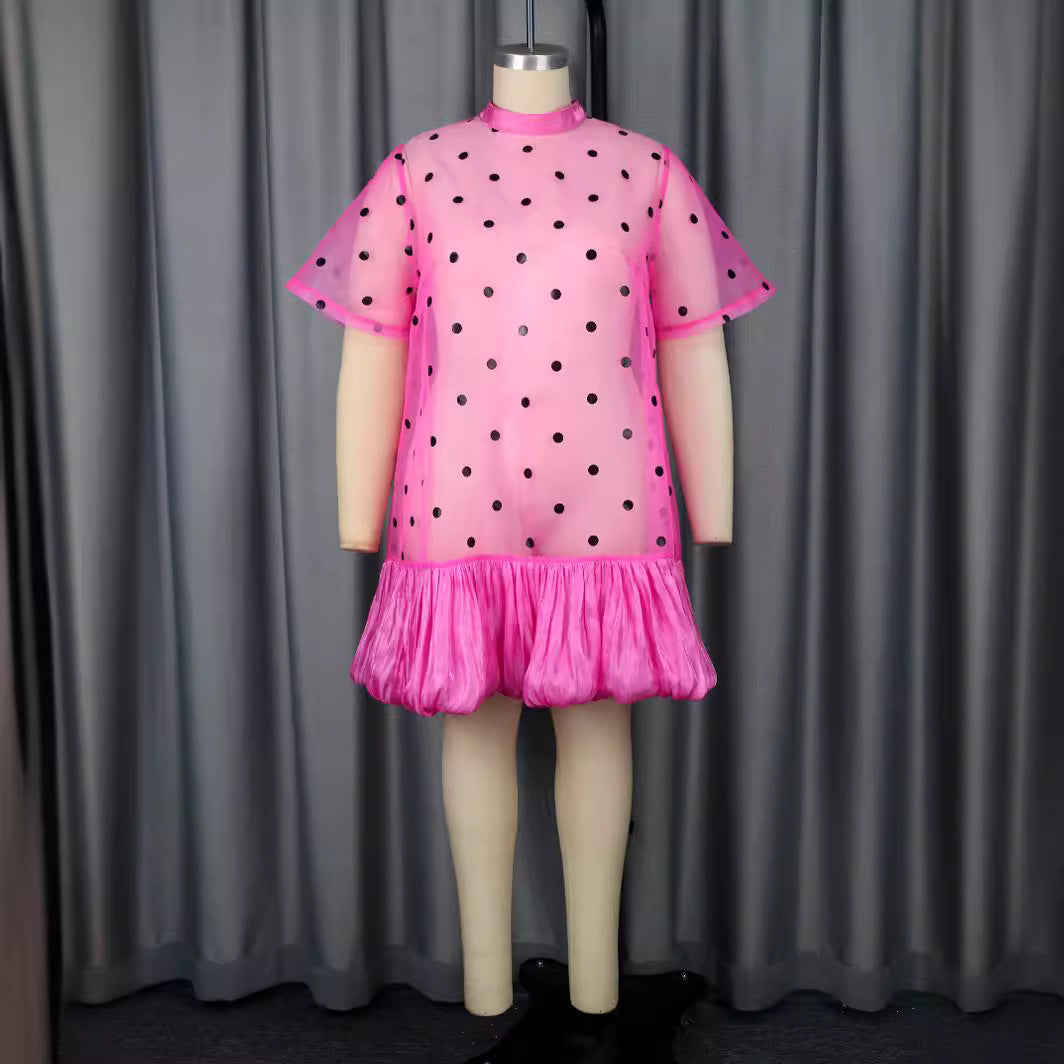 Dame gennemsigtig polka-dot mini-kjole med flæsekant Skovae