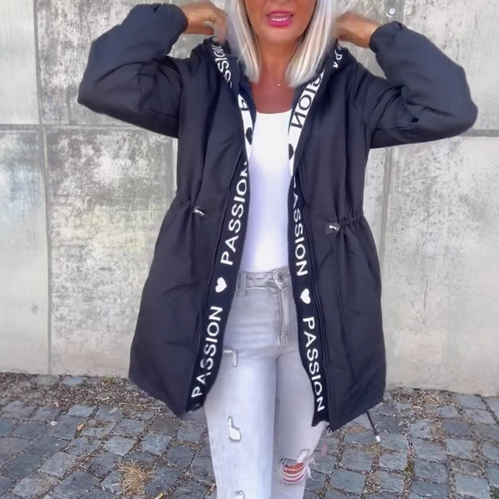 Dame nan Hoodie parka med tunneltræk talje og logo bånd lynlås Skovae