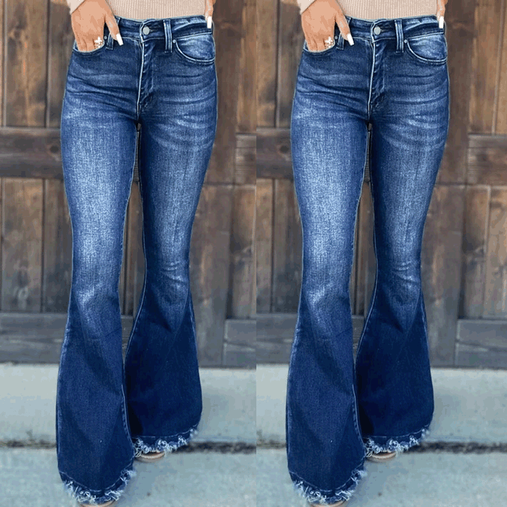 Dame Flared Denim Jeans med frynsede sømme og høj talje Stilla