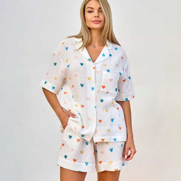 Dame Pyjama-sæt med hjerteprint og behagelig pasform Stilla