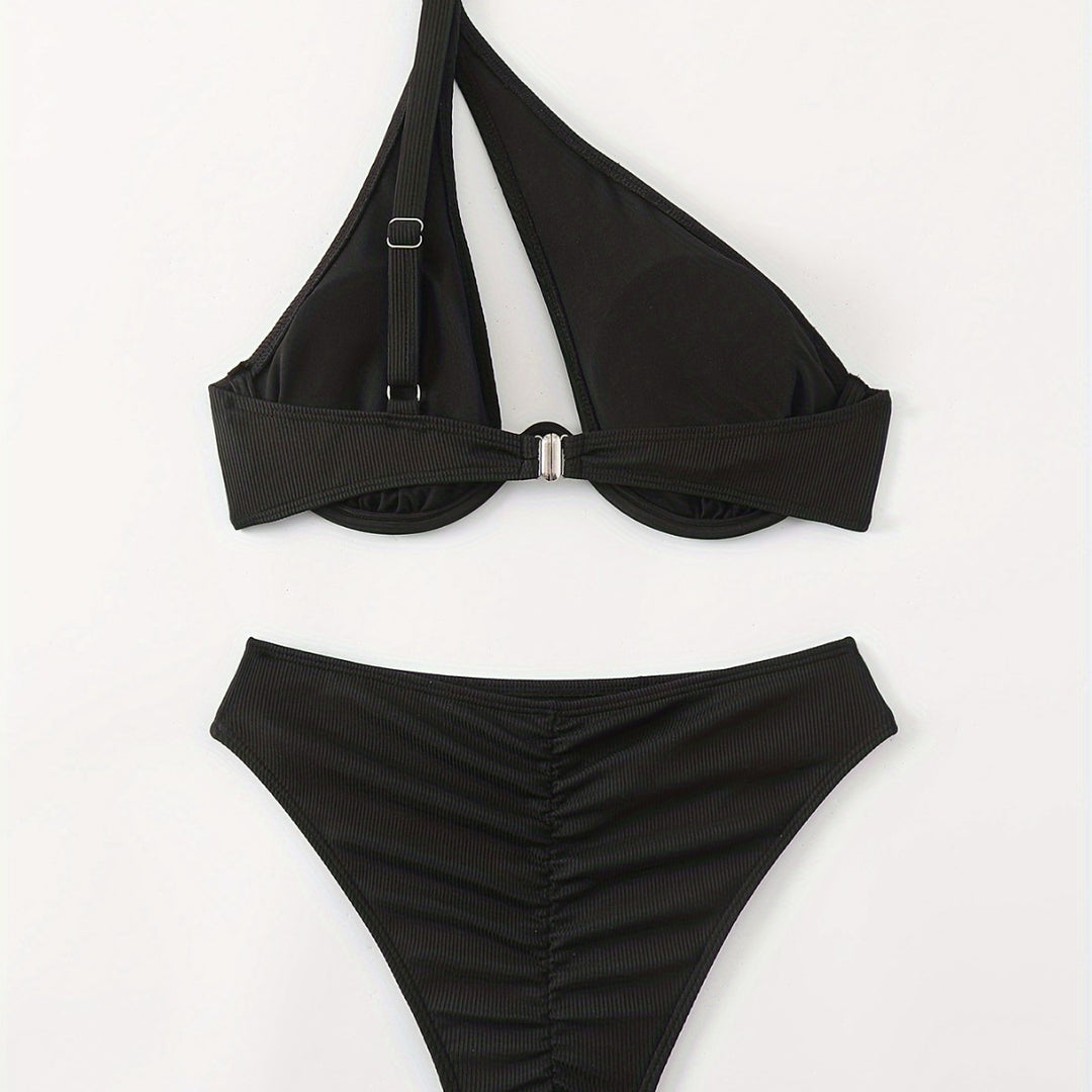 Dame Bikini-sæt med asymmetrisk stropdesign og støttende push-up top Skovae