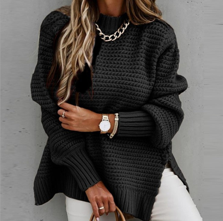 Kvindernes chunky strik sweater med høj hals og sidelunger Stilla