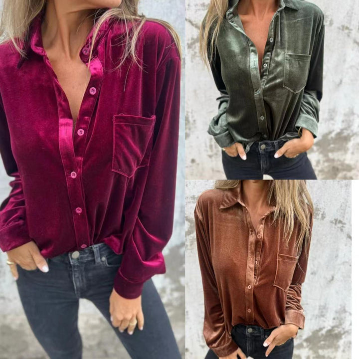 Kvinders elegante velourbluse med praktisk brystlomme og moderne snit Stilla
