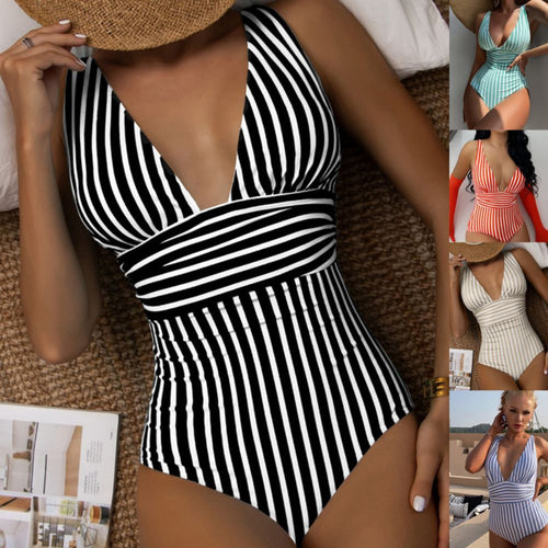 Dame Elegant V-hals onepiece med stribet design Skovae