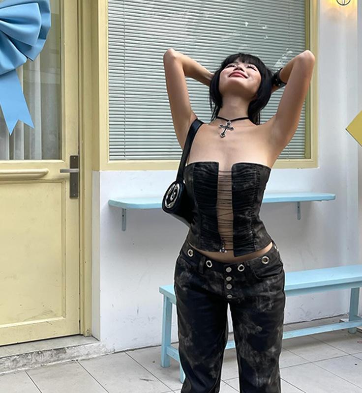 Dame Bustier-top med raffinerede cut-outs og transparent netstruktur Stilla