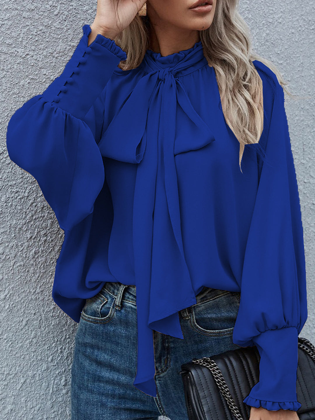 Dame Elegant Bluse med Bue og ballonformede Ærmer Stilla