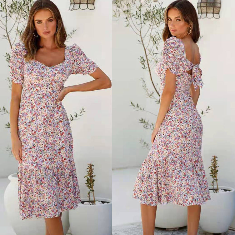 Dame Midi-kjole med feminine puffærmer og floral flæsekant Stilla
