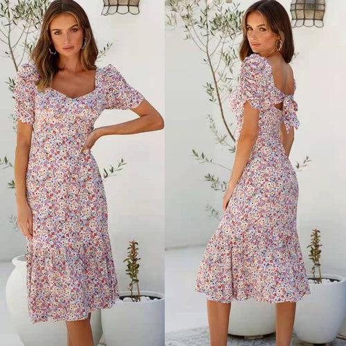 Dame Midi-kjole med feminine puffærmer og floral flæsekant Stilla