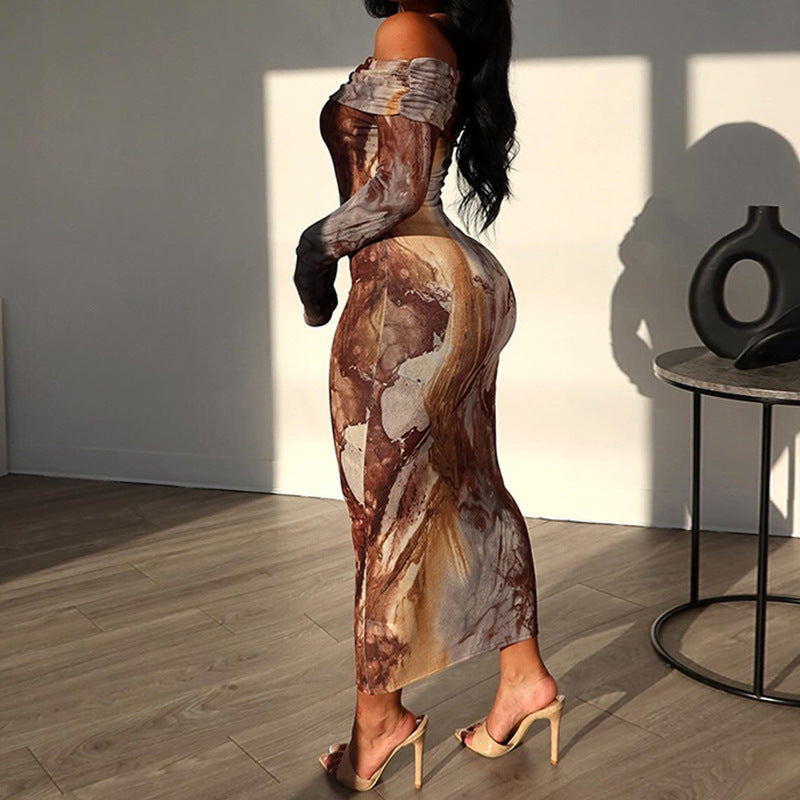 Kvinder Off-Shoulder abstrakt Midi Kjole Stilla