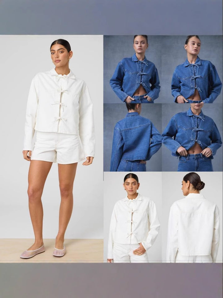Dame casual jeansjakke med unikt bindebælte og trendy cropped snit Stilla