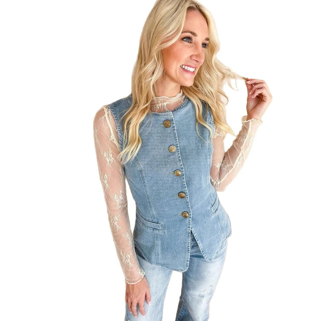 Dame mode Denimvest med elegante knapdetaljer og lommer Stilla