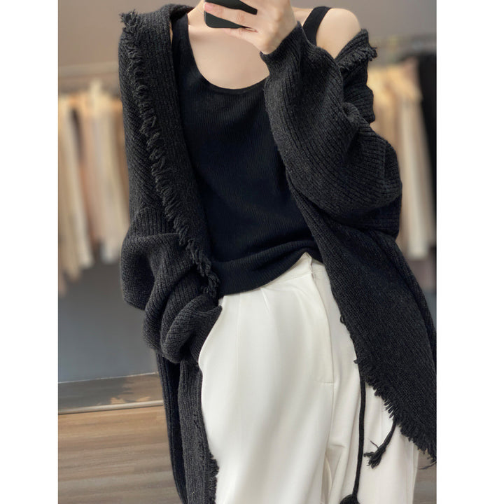 Dame elegant struktureret strik-cardigan med frynse-detalje Stilla