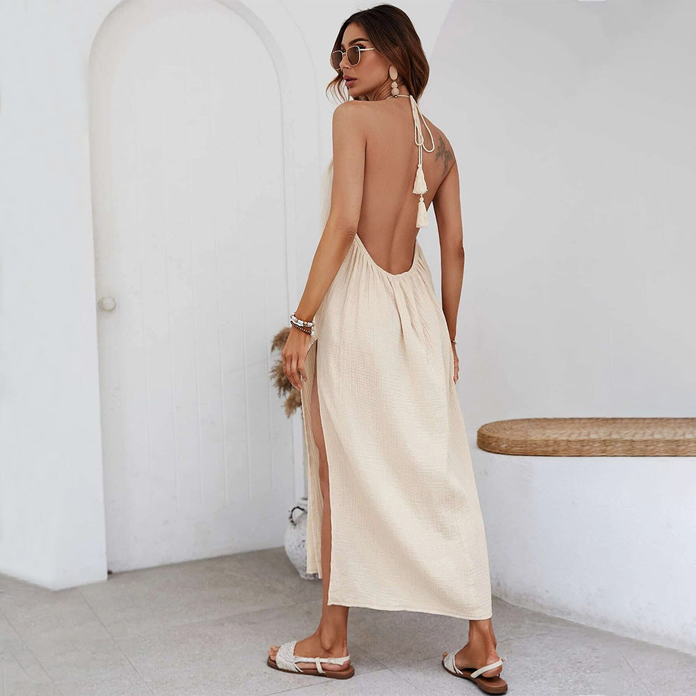 Damerne maxi kjole med fin ruffle detalje og elegant halterneck neckline Stilla