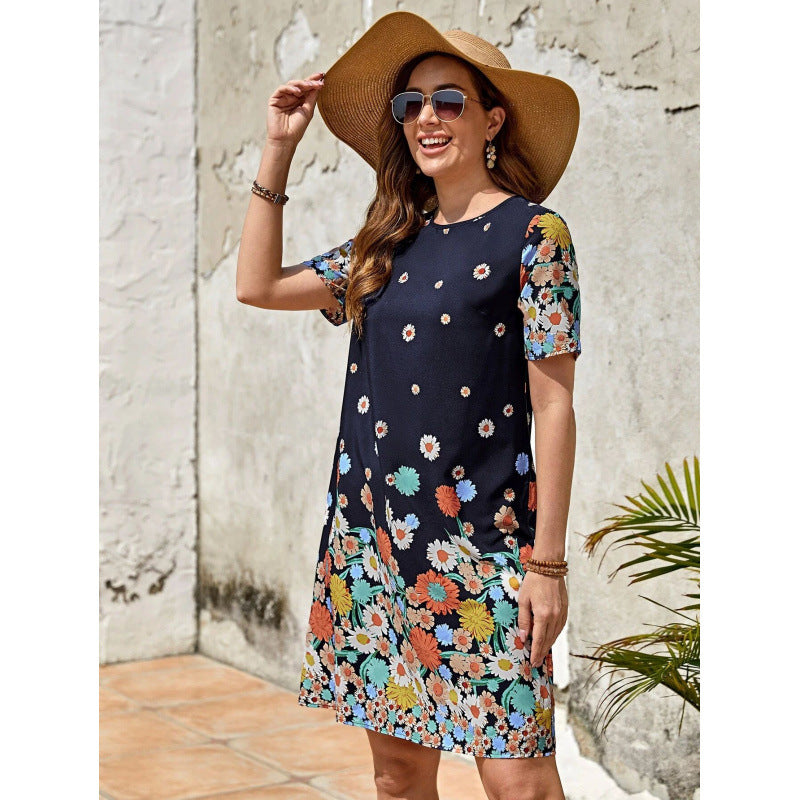 Dame Floralprint Shift Kjole med korte ærmer Stilla