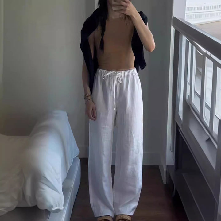Damer casual linnedbukser med elastisk talje og bredt skåret ben Stilla