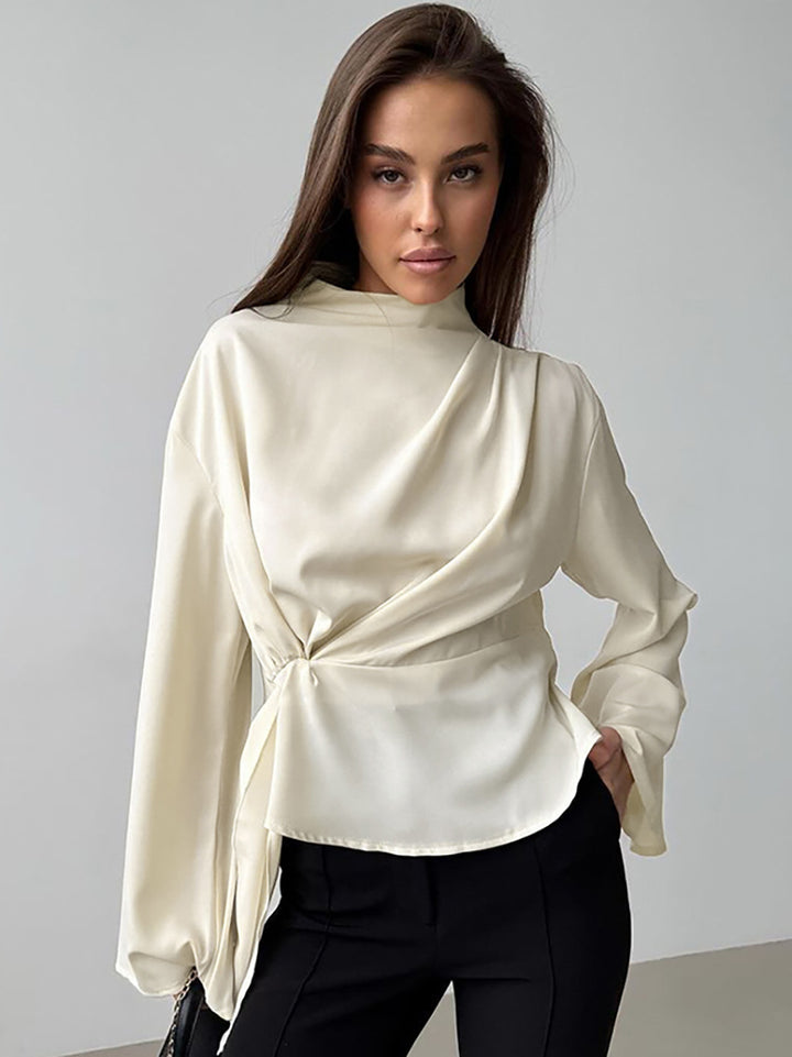 Dame Elegant Ståkrave Top med smart Drapering og bred Snit Stilla
